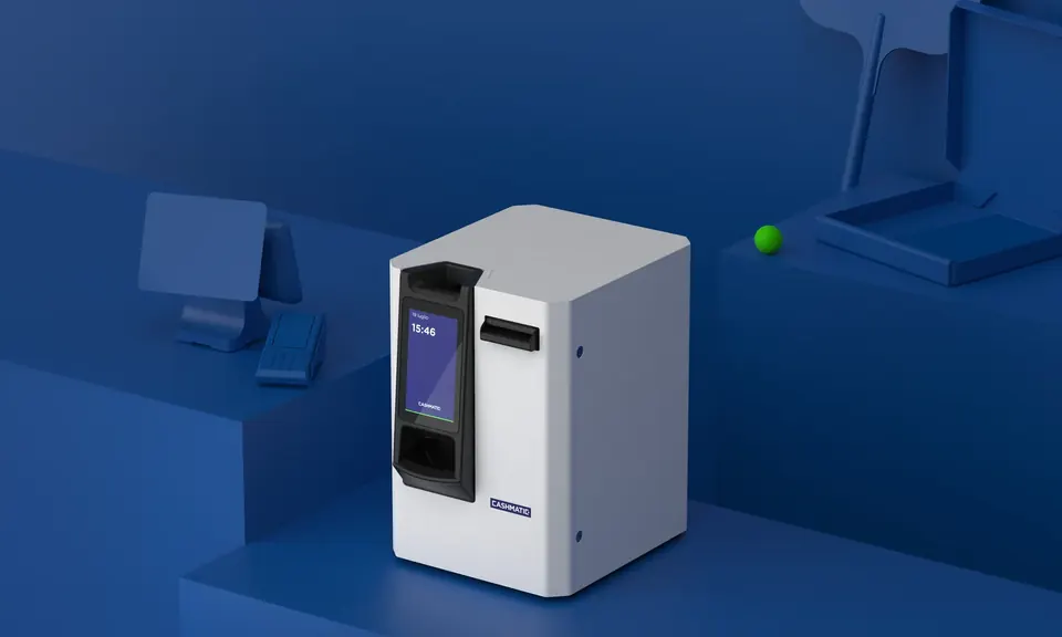 Monnayeur automatique Cashmatic SelfPay 460 sur un comptoir