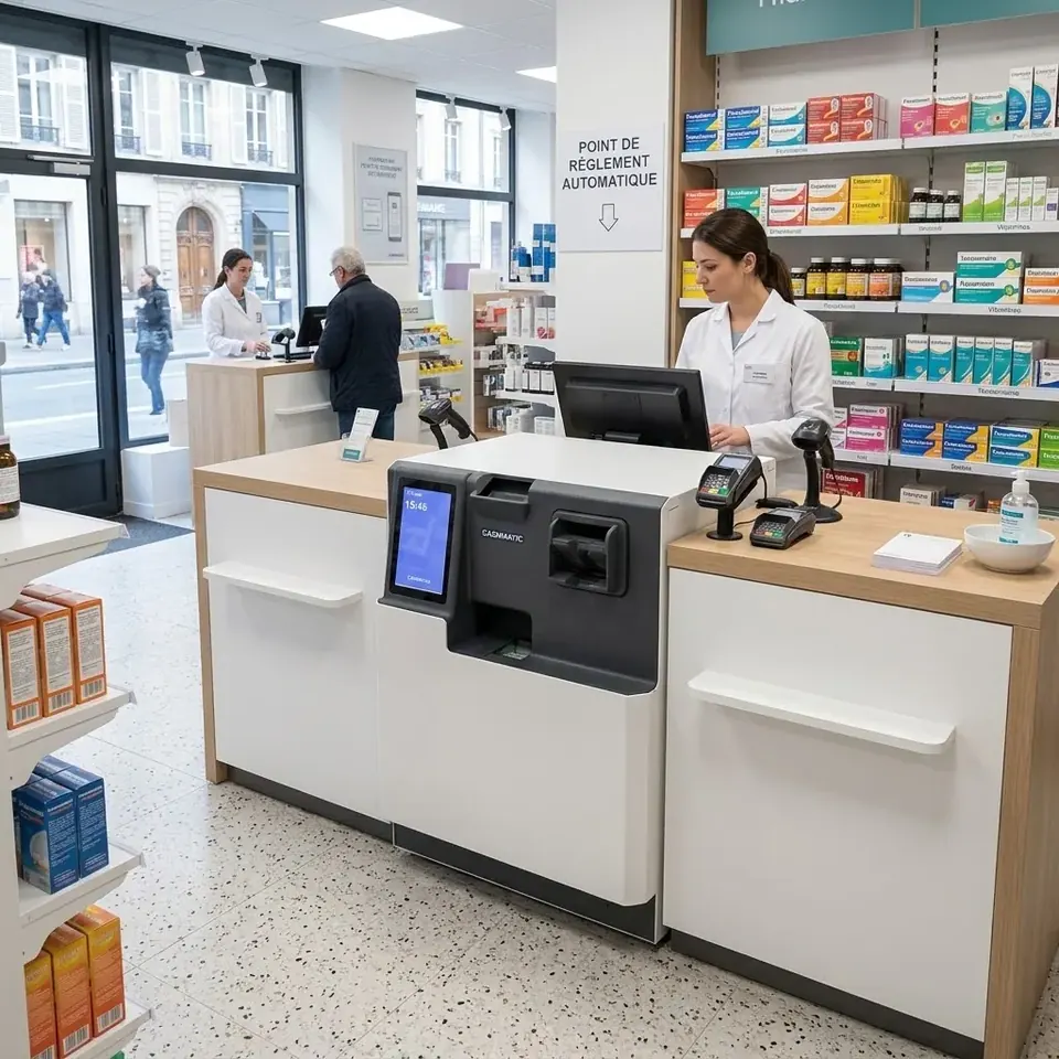 Monnayeur automatique sur le comptoir d'une pharmacie